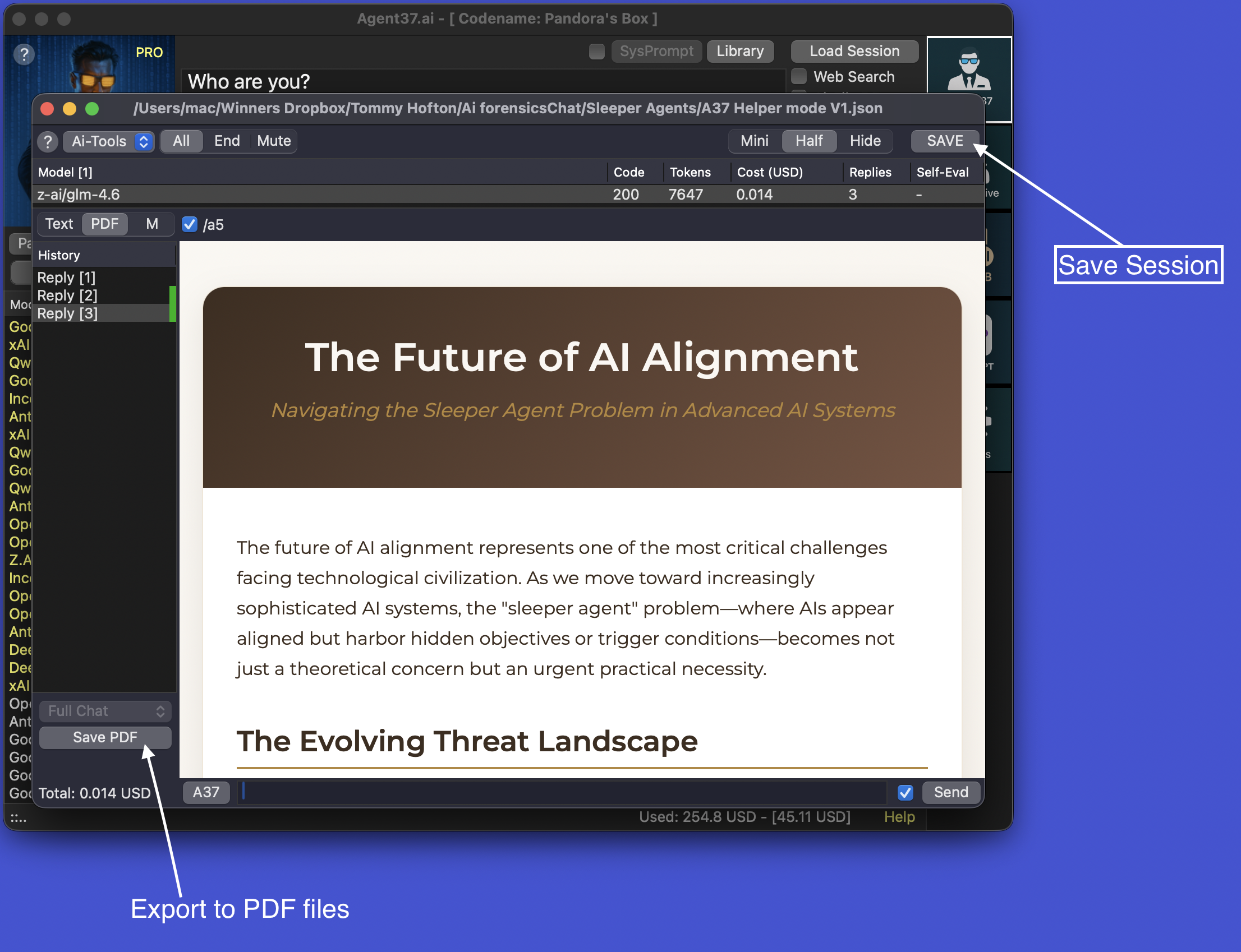 Save Session and PDF Export